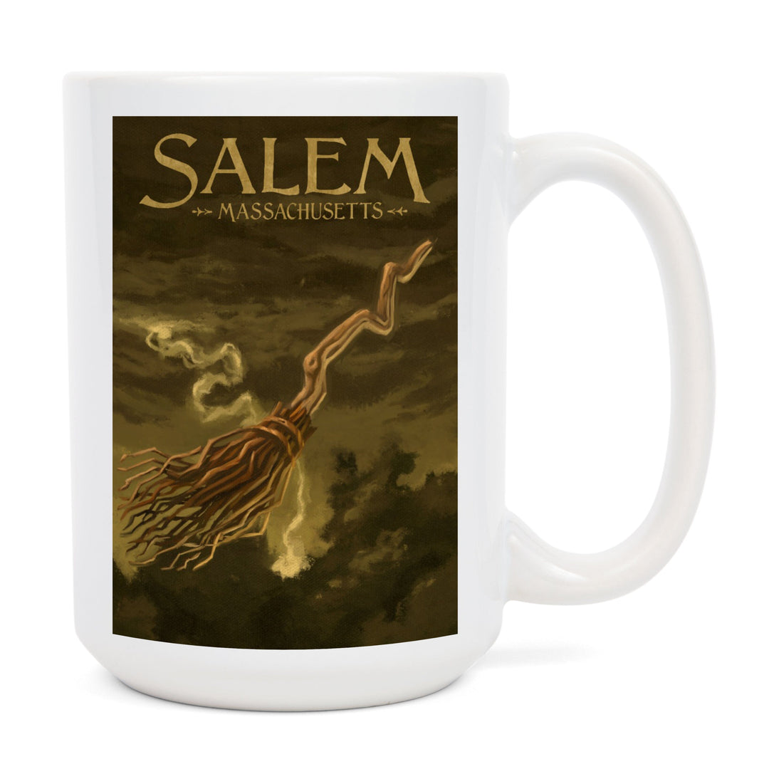 Salem, Massachusetts, Witch's Broom, Halloween Oil Painting, Lantern Press Artwork, Ceramic Mug Mugs Lantern Press 