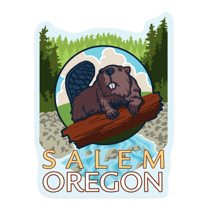 Salem, Oregon, Beaver and River, Contour, Vinyl Sticker Sticker Lantern Press 