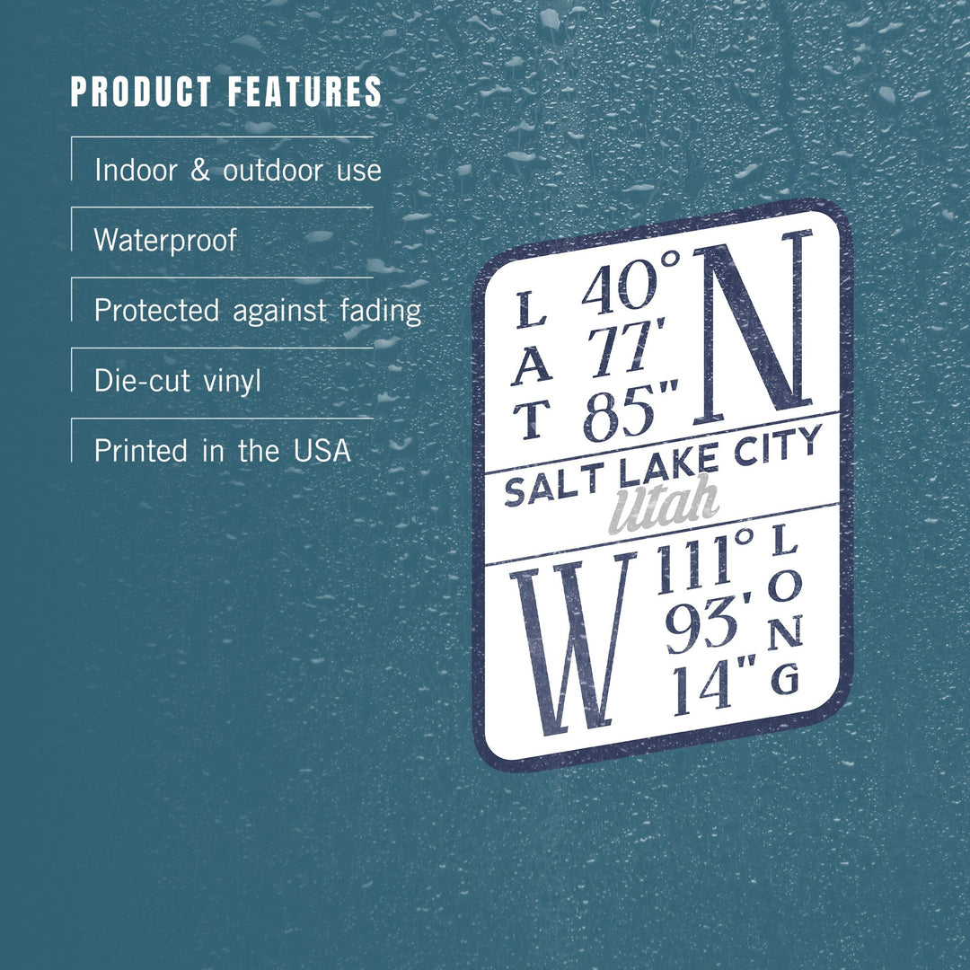 Salt Lake City, Utah, Latitude and Longitude (Blue), Contour, Vinyl Sticker Sticker Lantern Press 