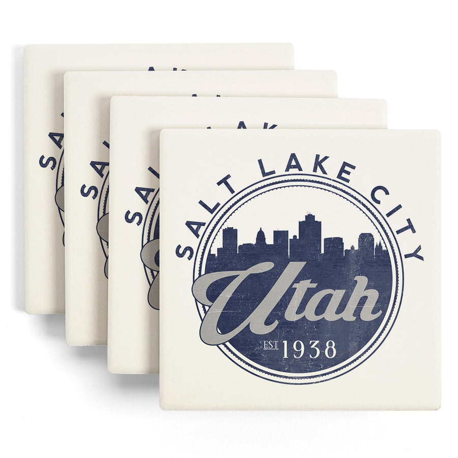 Salt Lake City, Utah, Skyline Seal (Blue), Coaster Set Coasters Lantern Press 