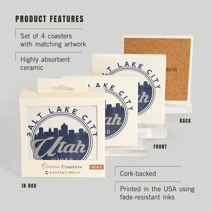 Salt Lake City, Utah, Skyline Seal (Blue), Coaster Set Coasters Lantern Press 