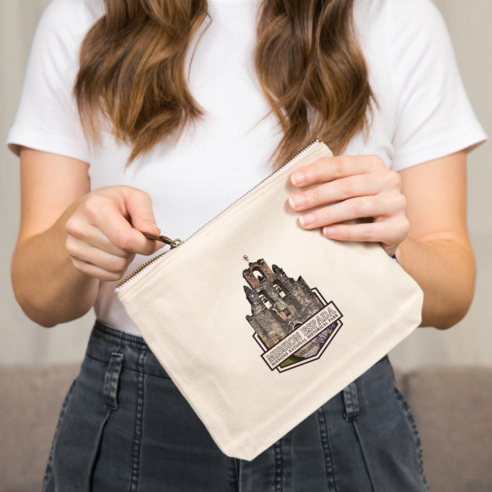 San Antonio Missions National Historical Park, Texas, Mission Espada,, Organic Cotton Zipper Pouch, Go Bag Go Bag Lantern Press 