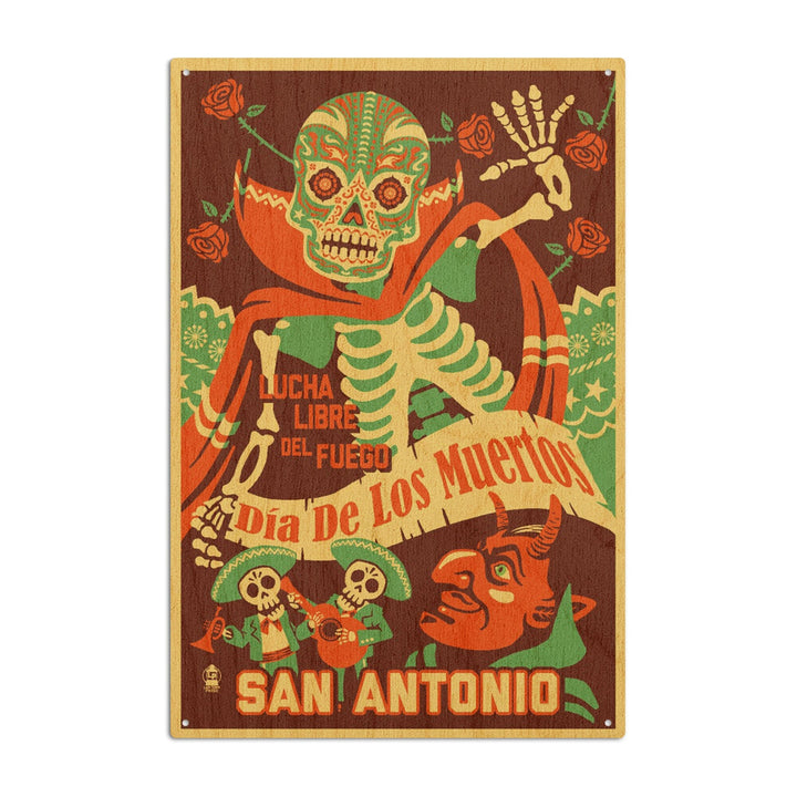 San Antonio, Texas, Dia de los Muertos (Day of the Dead), Lucha Libre del Fuego, Lantern Press, Wood Signs and Postcards Wood Lantern Press 10 x 15 Wood Sign 