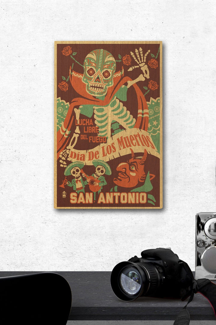 San Antonio, Texas, Dia de los Muertos (Day of the Dead), Lucha Libre del Fuego, Lantern Press, Wood Signs and Postcards Wood Lantern Press 12 x 18 Wood Gallery Print 