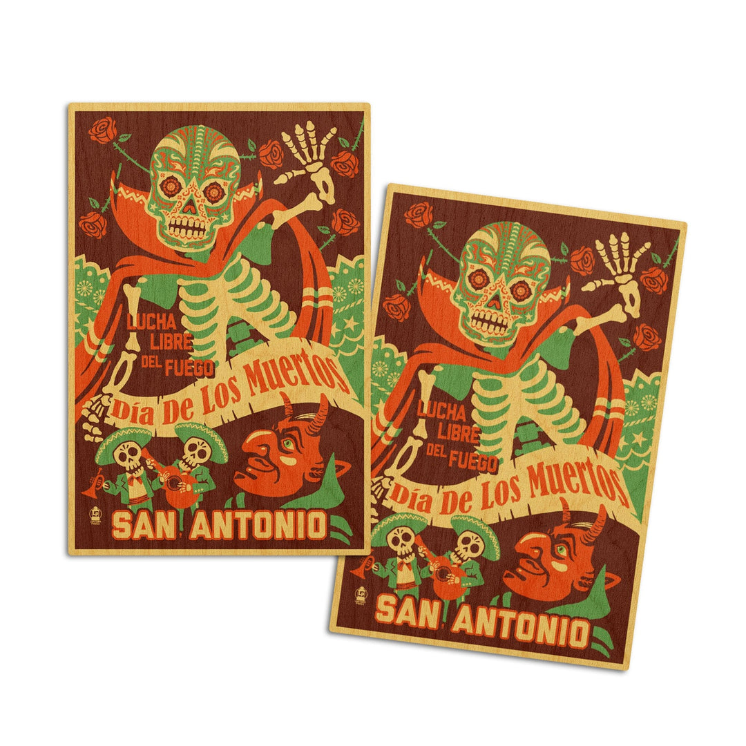 San Antonio, Texas, Dia de los Muertos (Day of the Dead), Lucha Libre del Fuego, Lantern Press, Wood Signs and Postcards Wood Lantern Press 4x6 Wood Postcard Set 