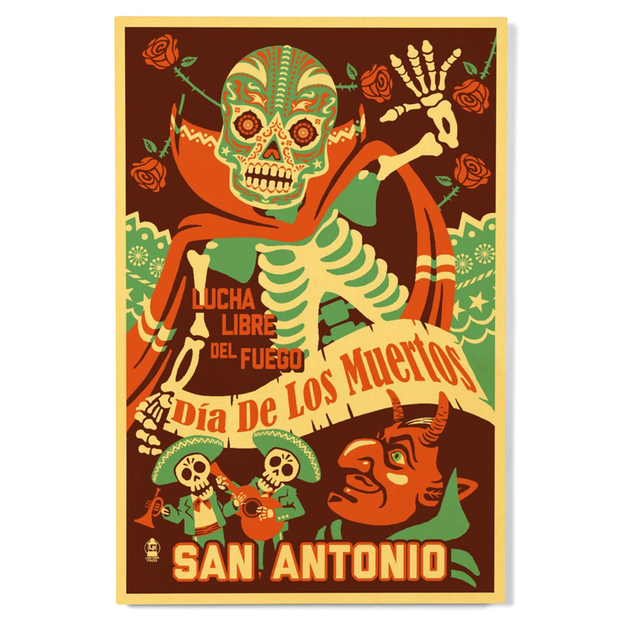 San Antonio, Texas, Dia de los Muertos (Day of the Dead), Lucha Libre del Fuego, Lantern Press, Wood Signs and Postcards Wood Lantern Press 