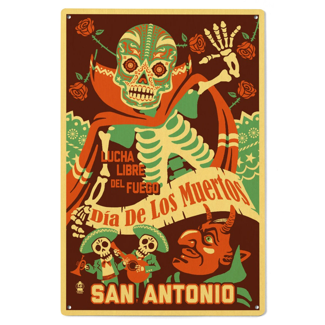 San Antonio, Texas, Dia de los Muertos (Day of the Dead), Lucha Libre del Fuego, Lantern Press, Wood Signs and Postcards Wood Lantern Press 