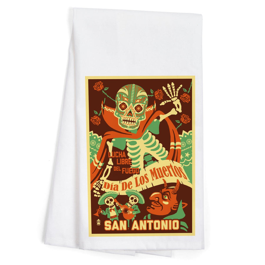 San Antonio, Texas, Dia de los Muertos (Day of the Dead), Lucha Libre del Fuego Press, Organic Cotton Kitchen Tea Towels Kitchen Lantern Press 