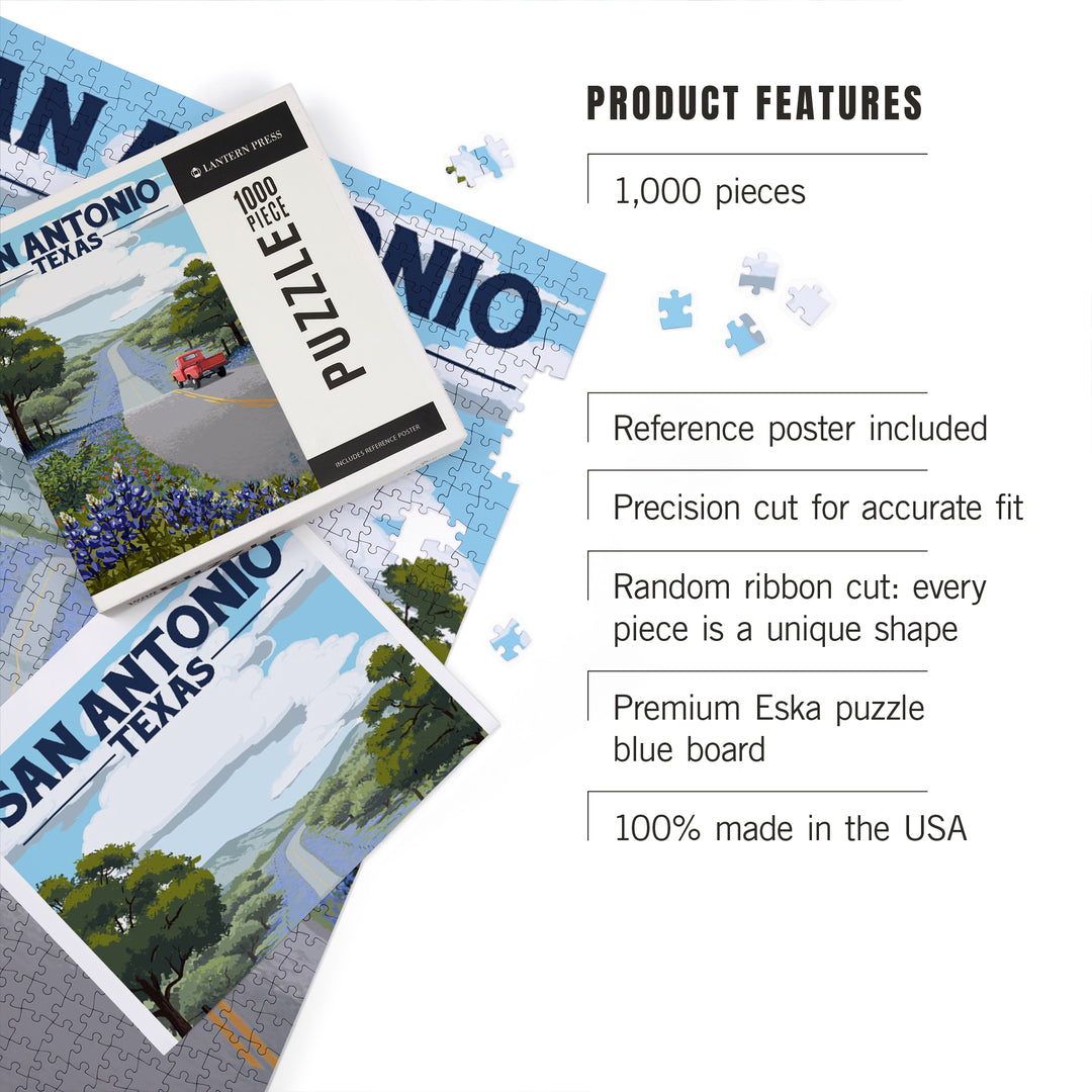 San Antonio, Texas, Painterly, Bluebonnets and Highway, Jigsaw Puzzle Puzzle Lantern Press 