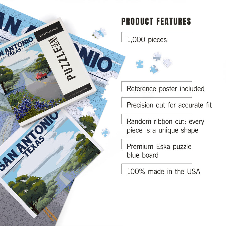 San Antonio, Texas, Painterly, Bluebonnets and Highway, Jigsaw Puzzle Puzzle Lantern Press 