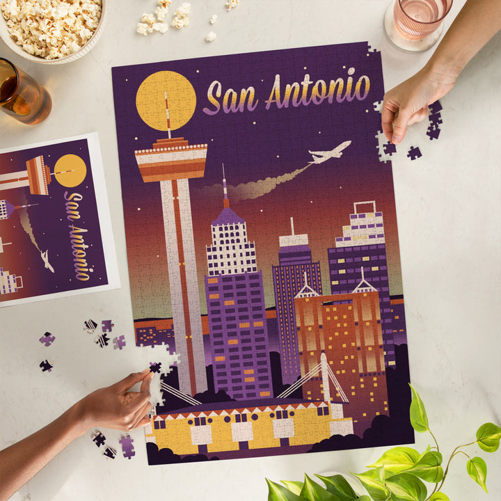 San Antonio, Texas, Retro Skyline Chromatic Series, Jigsaw Puzzle Puzzle Lantern Press 