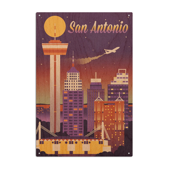 San Antonio, Texas, Retro Skyline Chromatic Series, Lantern Press Artwork, Wood Signs and Postcards Wood Lantern Press 10 x 15 Wood Sign 