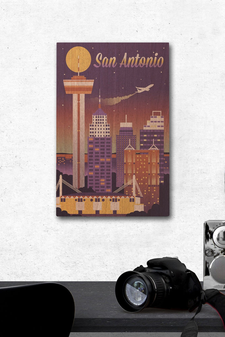 San Antonio, Texas, Retro Skyline Chromatic Series, Lantern Press Artwork, Wood Signs and Postcards Wood Lantern Press 12 x 18 Wood Gallery Print 
