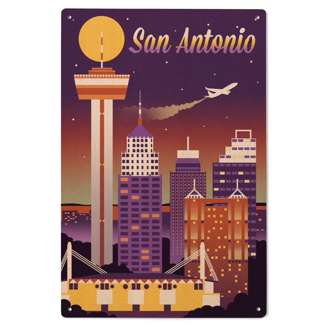San Antonio, Texas, Retro Skyline Chromatic Series, Lantern Press Artwork, Wood Signs and Postcards Wood Lantern Press 