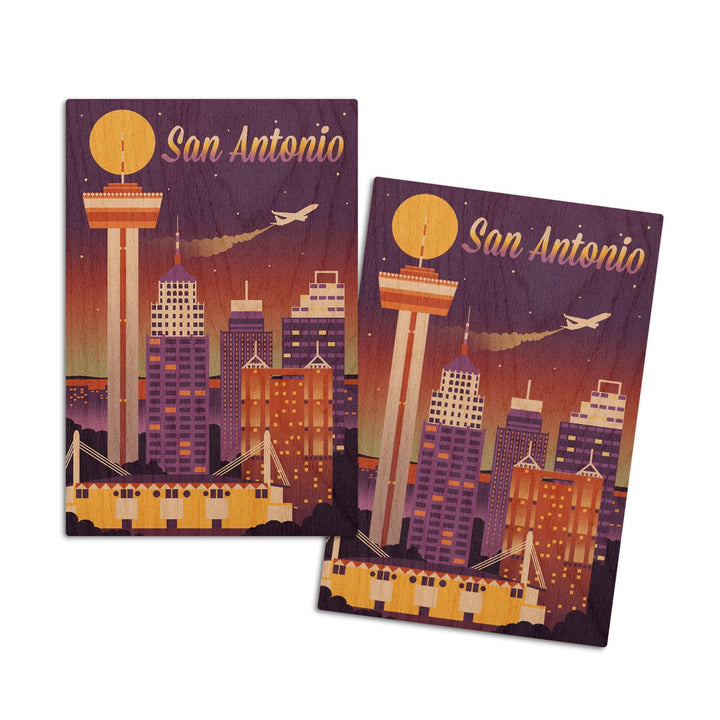 San Antonio, Texas, Retro Skyline Chromatic Series, Lantern Press Artwork, Wood Signs and Postcards Wood Lantern Press 4x6 Wood Postcard Set 