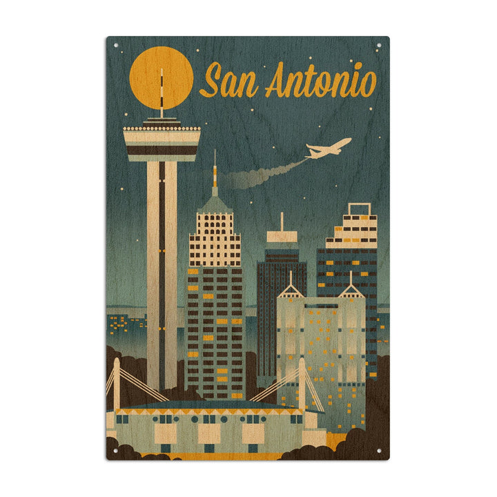 San Antonio, Texas, Retro Skyline Classic, Lantern Press Artwork, Wood Signs and Postcards Wood Lantern Press 10 x 15 Wood Sign 
