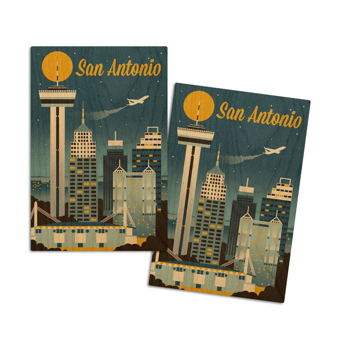 San Antonio, Texas, Retro Skyline Classic, Lantern Press Artwork, Wood Signs and Postcards Wood Lantern Press 4x6 Wood Postcard Set 