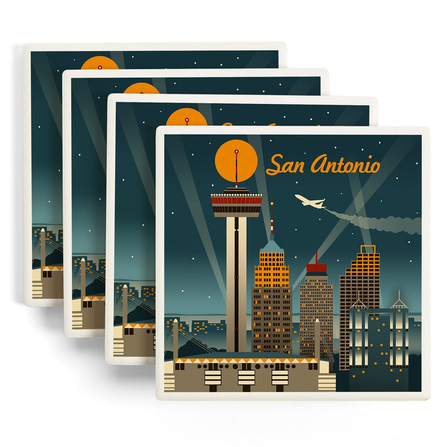 San Antonio, Texas, Retro Skyline, Lantern Press Artwork, Coaster Set Coasters Lantern Press 