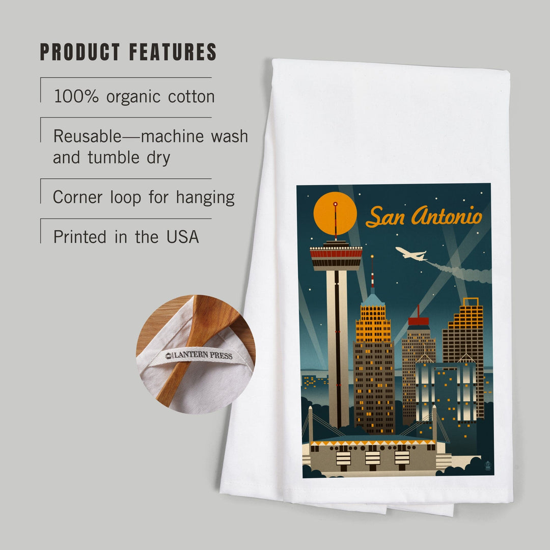 San Antonio, Texas, Retro Skyline, Organic Cotton Kitchen Tea Towels Kitchen Lantern Press 