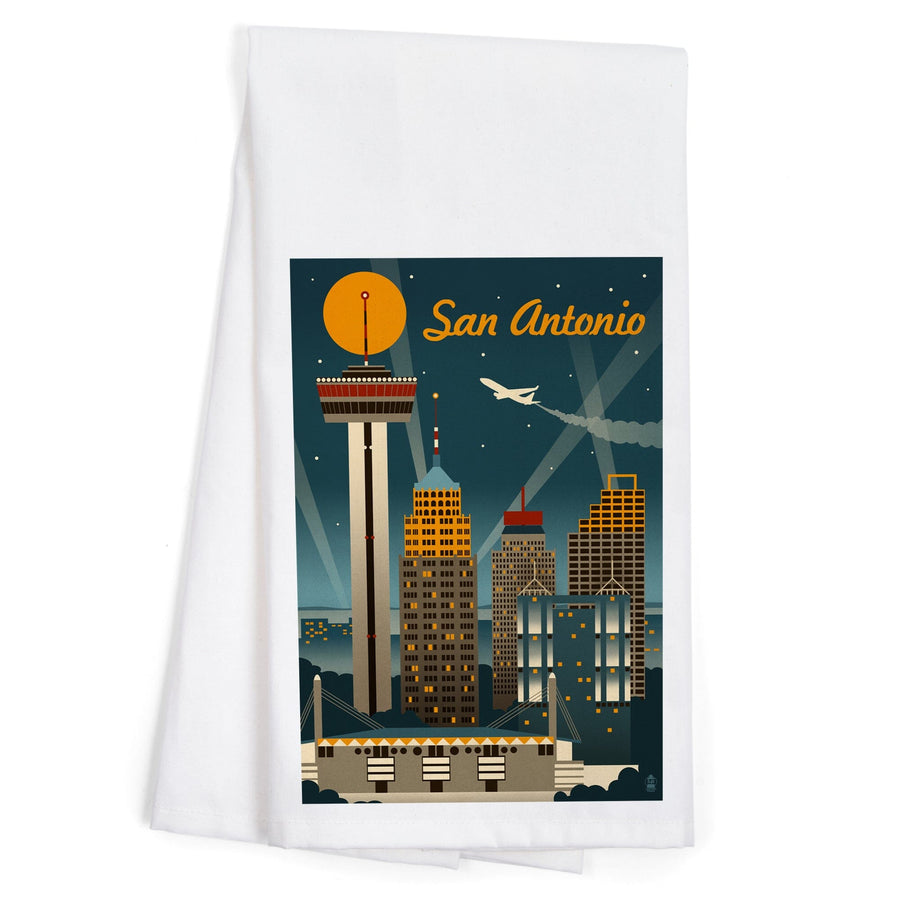 San Antonio, Texas, Retro Skyline, Organic Cotton Kitchen Tea Towels Kitchen Lantern Press 