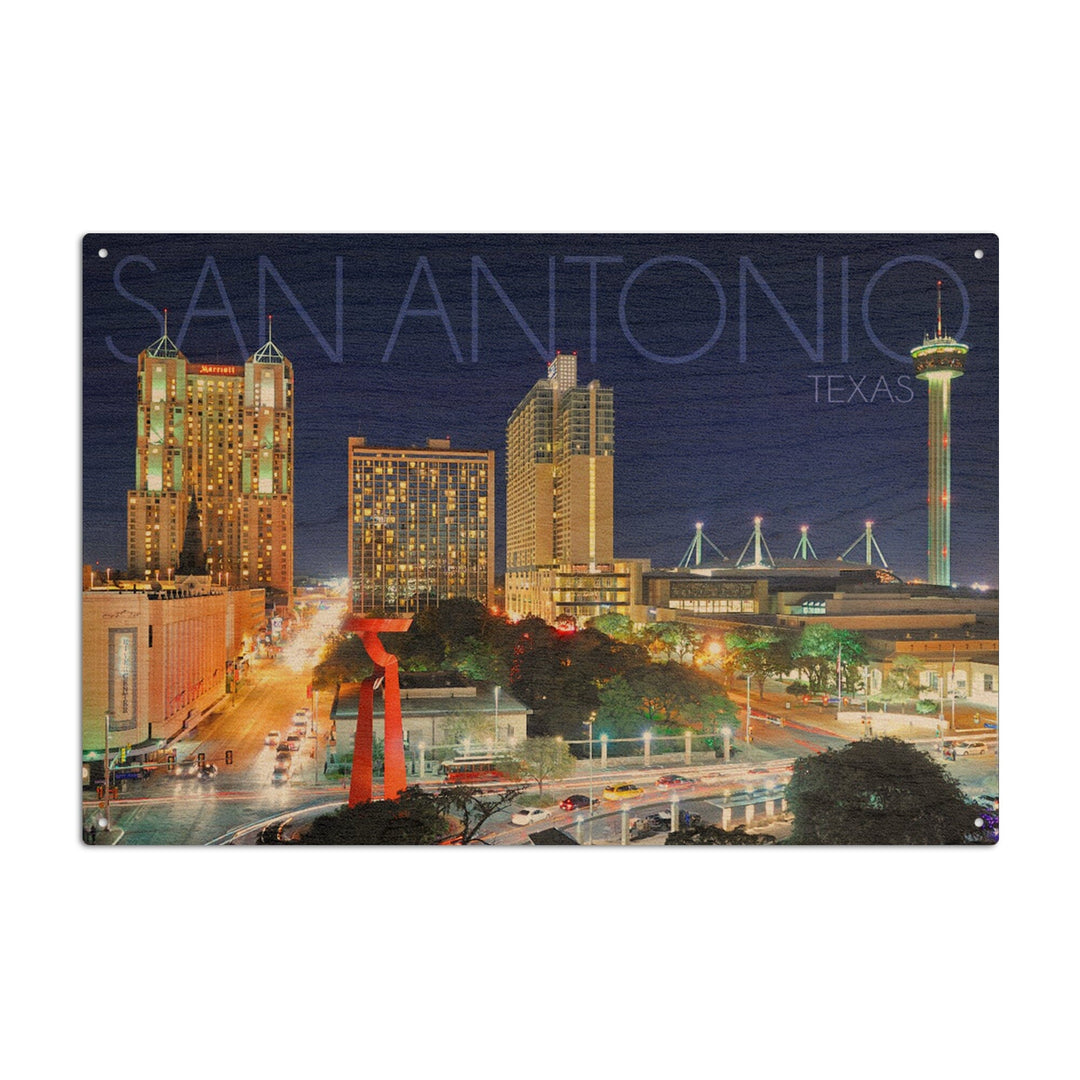 San Antonio, Texas, Skyline at Night, Lantern Press Photography, Wood Signs and Postcards Wood Lantern Press 10 x 15 Wood Sign 