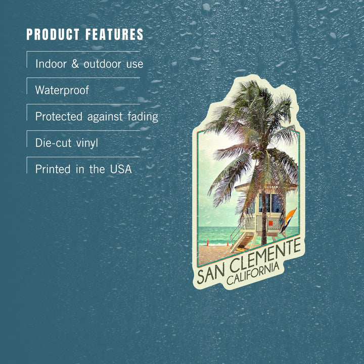San Clemente, California, Lifeguard Shack & Palm, Contour, Lantern Press Photography, Vinyl Sticker Sticker Lantern Press 