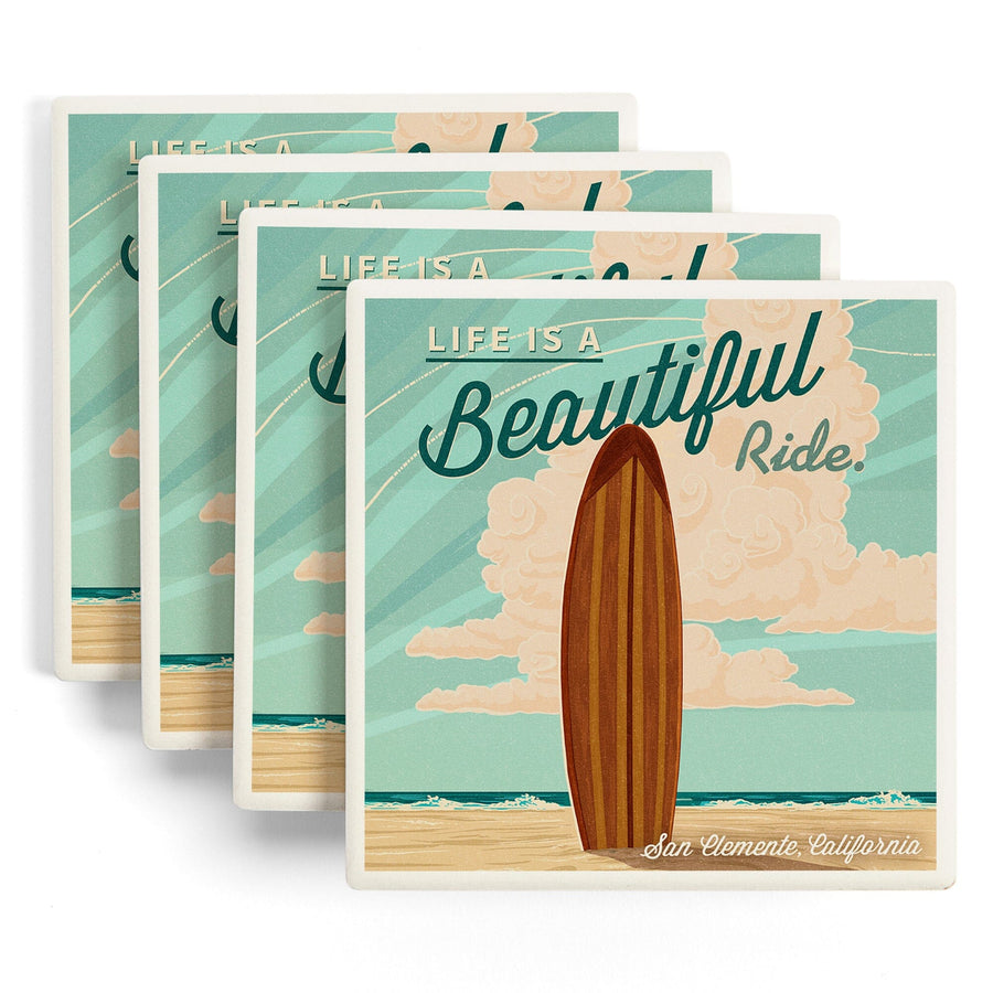 San Clemente, California, Surf Board Letterpress, Life is a Beautiful Ride, Lantern Press, Coaster Set Coasters Lantern Press 