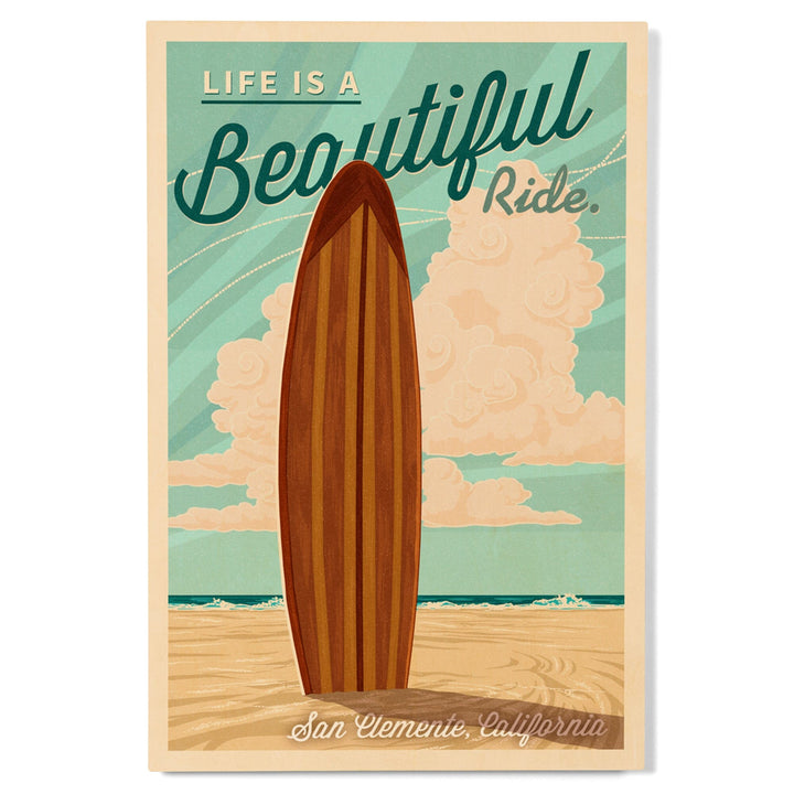 San Clemente, California, Surf Board Letterpress, Life is a Beautiful Ride, Lantern Press, Wood Signs and Postcards Wood Lantern Press 