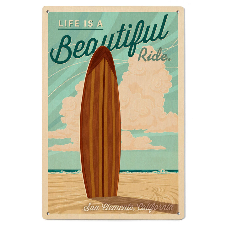San Clemente, California, Surf Board Letterpress, Life is a Beautiful Ride, Lantern Press, Wood Signs and Postcards Wood Lantern Press 