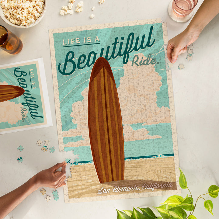 San Clemente, California, Surfboard Letterpress, Life is a Beautiful Ride Press, Jigsaw Puzzle Puzzle Lantern Press 