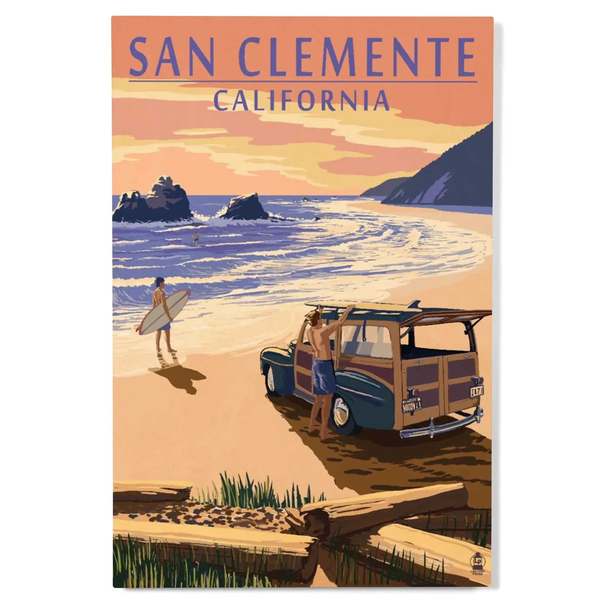 San Clemente, California, Woody on Beach, Lantern Press Poster, Wood S