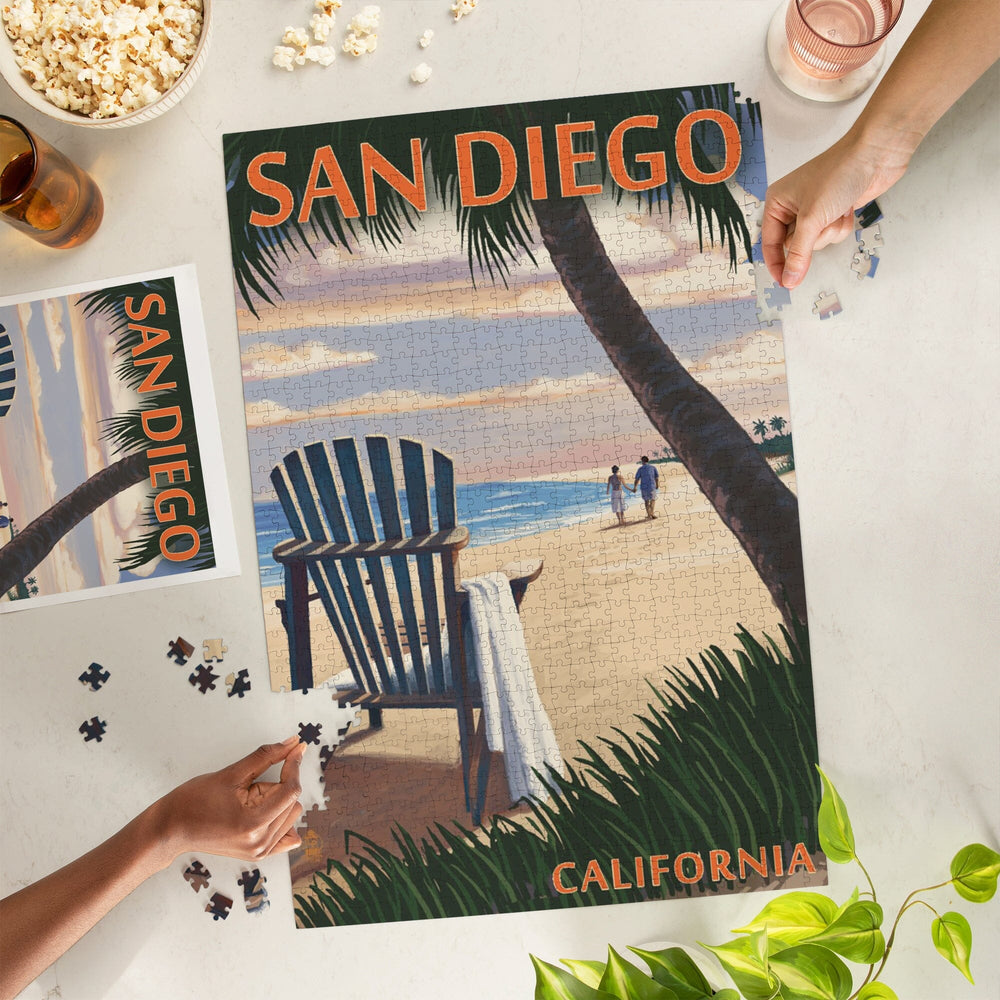 San Diego, California, Adirondack Chair on the Beach, Jigsaw Puzzle Puzzle Lantern Press 