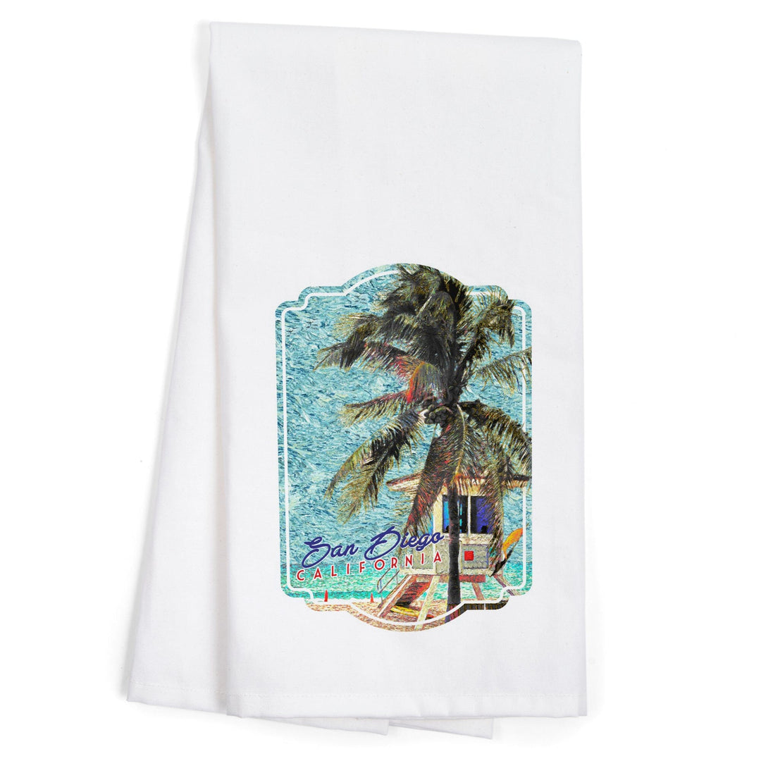 San Diego, California, Beach and Lifeguard Shack, Van Gogh Style, Contour, Organic Cotton Kitchen Tea Towels Kitchen Lantern Press 