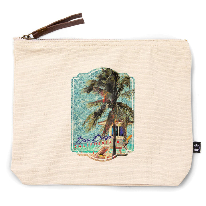 San Diego, California, Beach and Lifeguard Shack, Van Gogh Style,, Organic Cotton Zipper Pouch, Go Bag Go Bag Lantern Press 