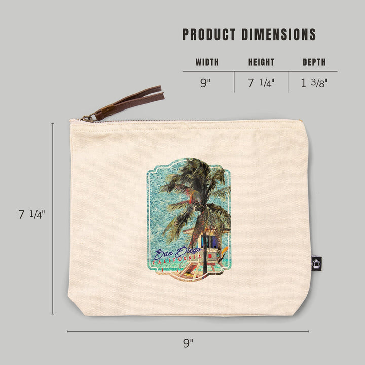 San Diego, California, Beach and Lifeguard Shack, Van Gogh Style,, Organic Cotton Zipper Pouch, Go Bag Go Bag Lantern Press 