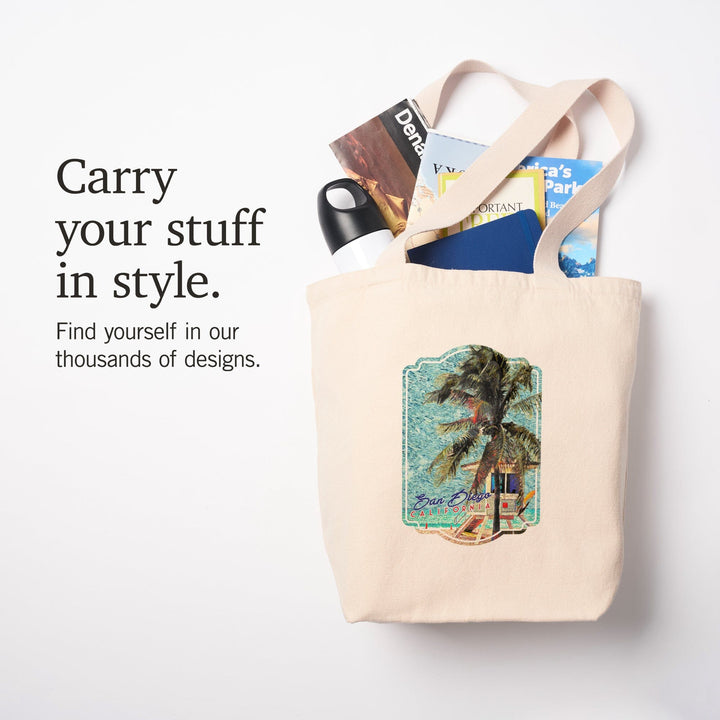 San Diego, California, Beach and Lifeguard Shack, Van Gogh Style,, Tote Bag Totes Lantern Press 