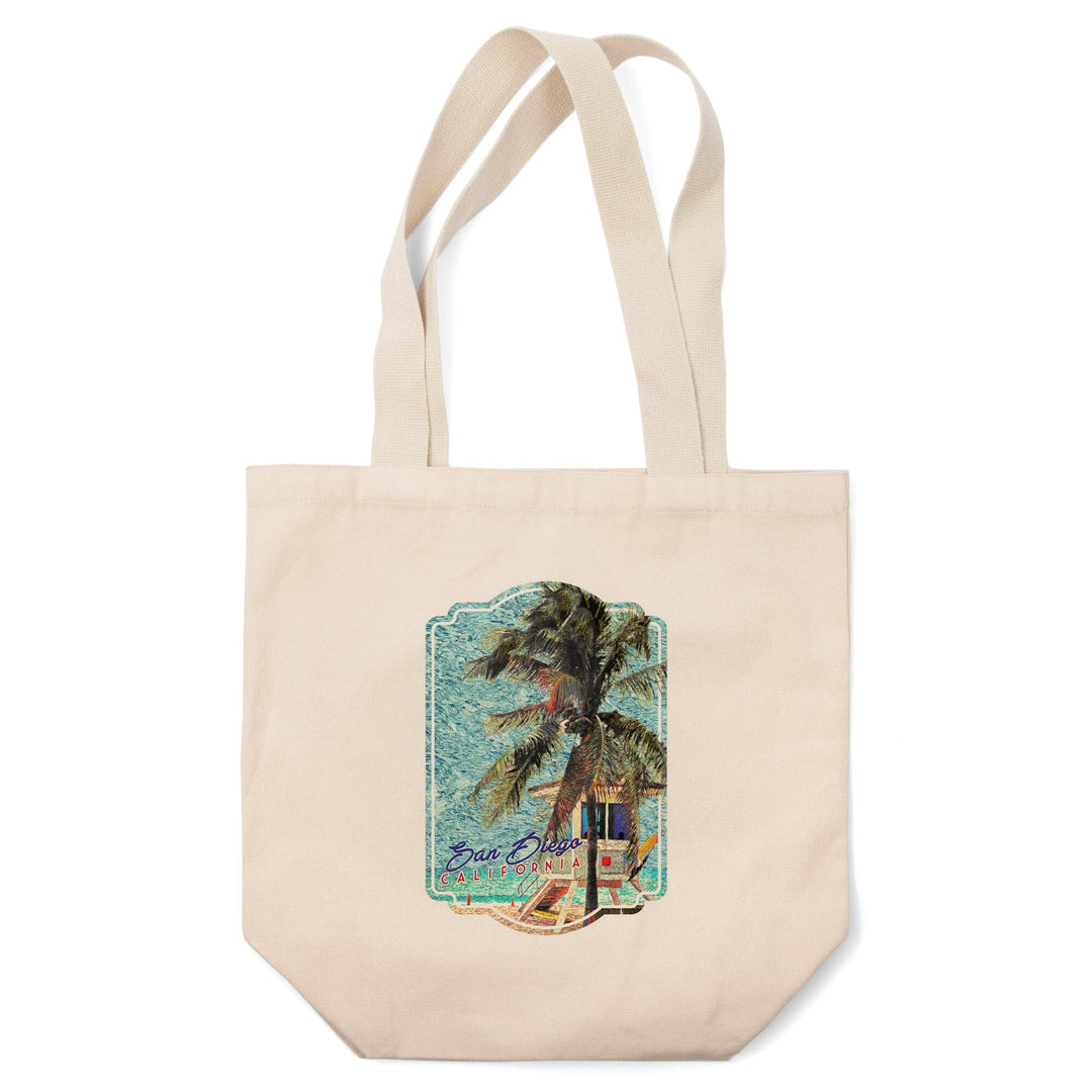 San Diego, California, Beach and Lifeguard Shack, Van Gogh Style,, Tote Bag Totes Lantern Press 