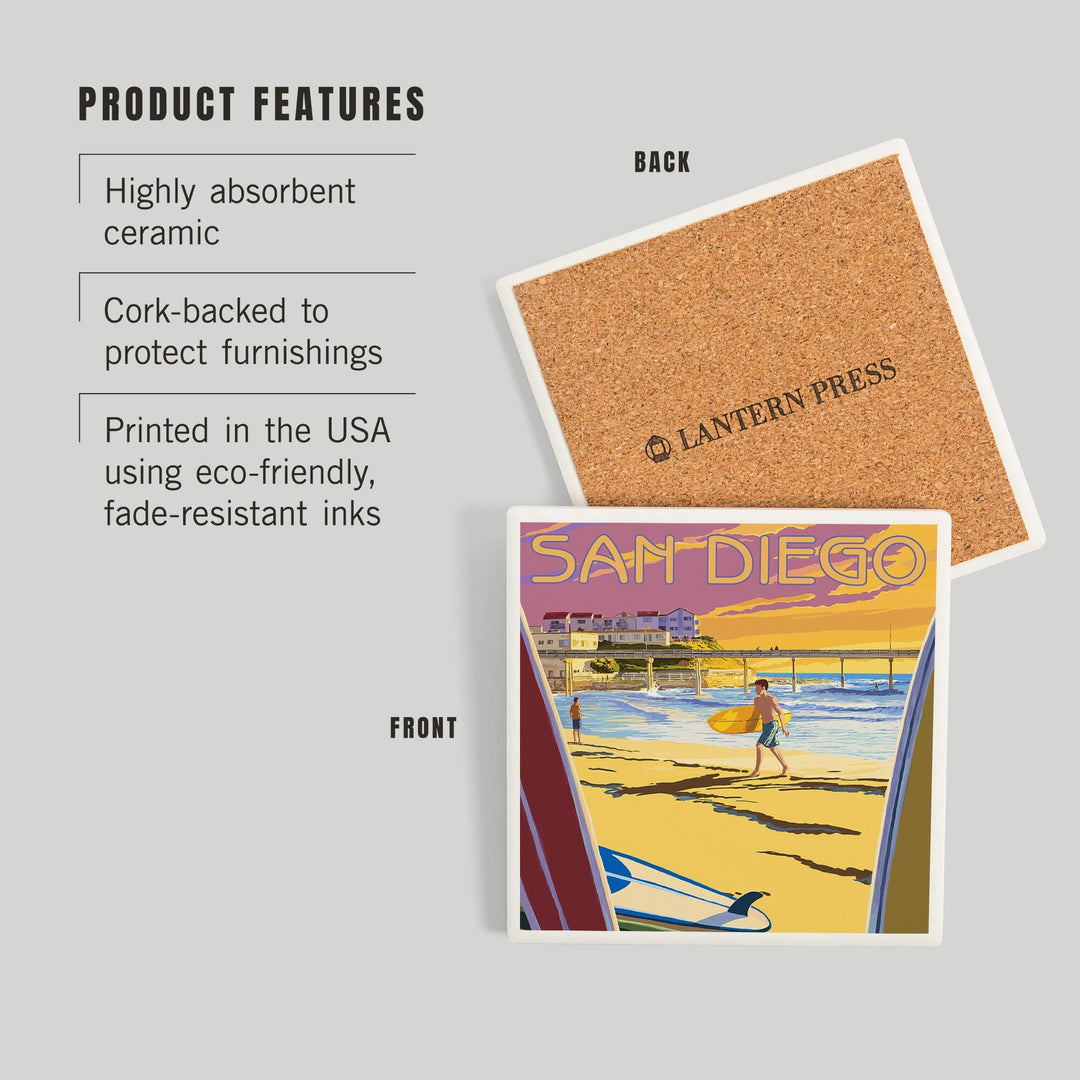 San Diego, California, Beach and Pier, Coasters Coasters Lantern Press 