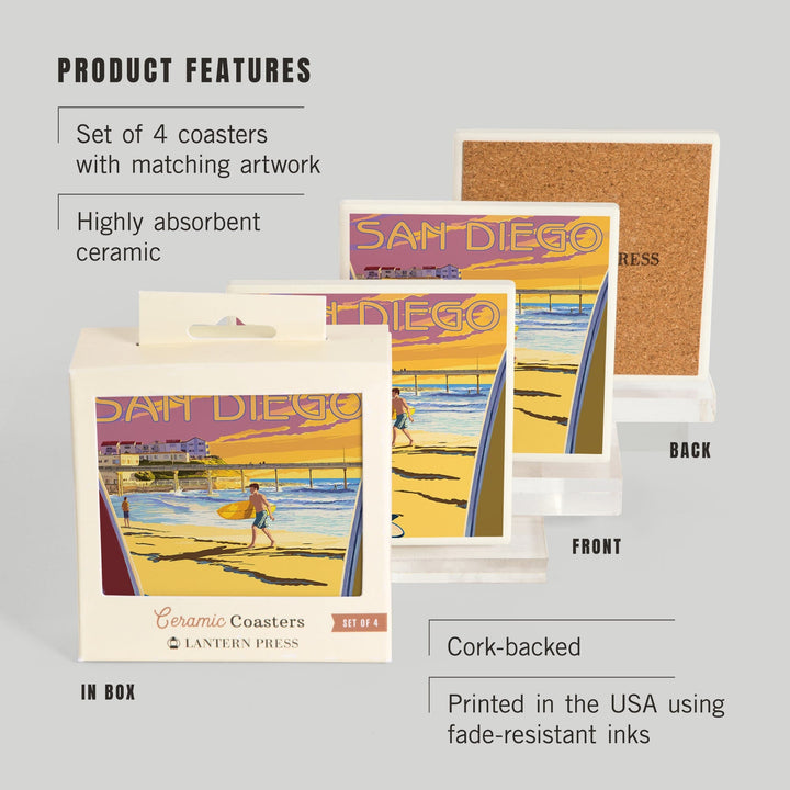 San Diego, California, Beach and Pier, Coasters Coasters Lantern Press 