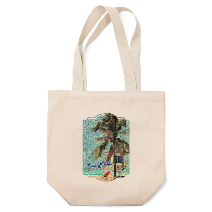 San Diego, California, Beach & Lifeguard Shack, Van Gogh Style, Contour, Lantern Press Artwork, Tote Bag Totes Lantern Press 