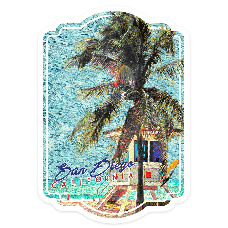 San Diego, California, Beach & Lifeguard Shack, Van Gogh Style, Contour, Lantern Press Artwork, Vinyl Sticker Sticker Lantern Press 