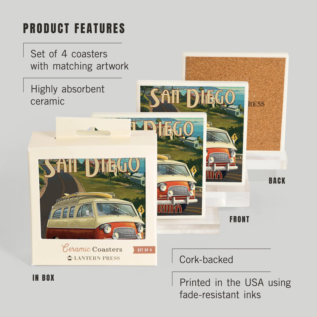 San Diego, California, Camper Van, Lantern Press Artwork, Coaster Set Coasters Lantern Press 