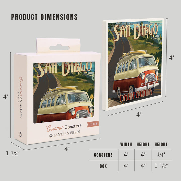 San Diego, California, Camper Van, Lantern Press Artwork, Coaster Set Coasters Lantern Press 