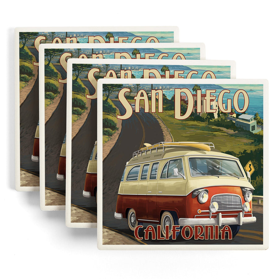 San Diego, California, Camper Van, Lantern Press Artwork, Coaster Set Coasters Lantern Press 