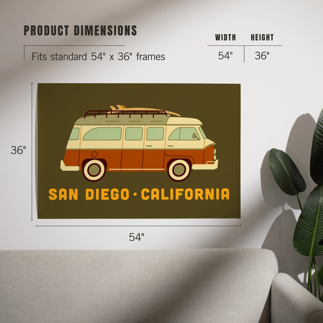 San Diego, California, Camper Van with Surfboard, Geometric, Art & Giclee Prints Art Lantern Press 