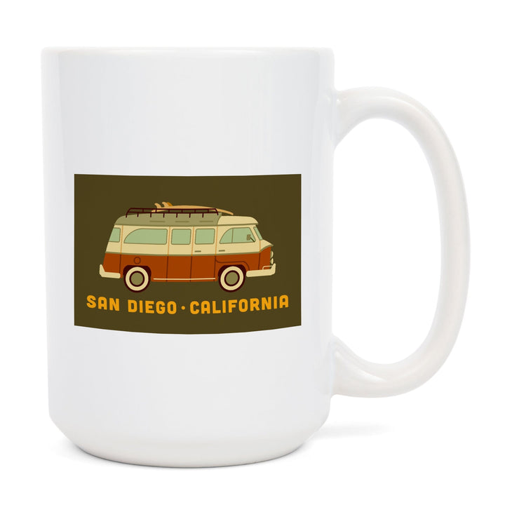 San Diego, California, Camper Van with Surfboard, Geometric, Lantern Press Artwork, Ceramic Mug Mugs Lantern Press 