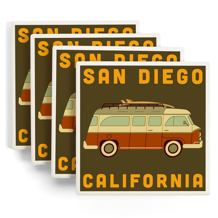 San Diego, California, Camper Van with Surfboard, Geometric, Lantern Press Artwork, Coaster Set Coasters Lantern Press 