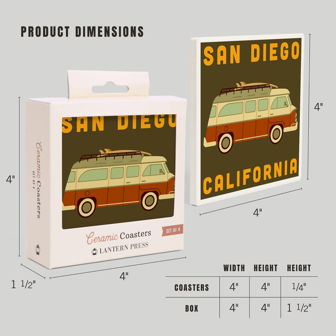 San Diego, California, Camper Van with Surfboard, Geometric, Lantern Press Artwork, Coaster Set Coasters Lantern Press 