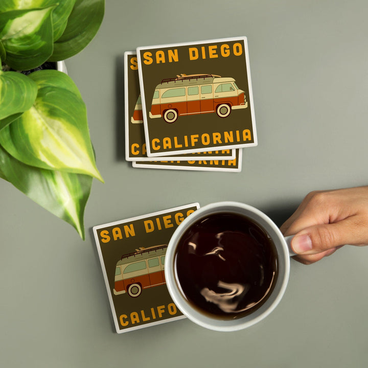 San Diego, California, Camper Van with Surfboard, Geometric, Lantern Press Artwork, Coaster Set Coasters Lantern Press 