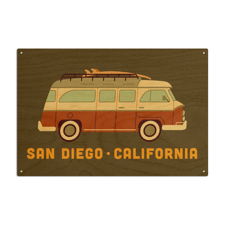 San Diego, California, Camper Van with Surfboard, Geometric, Lantern Press Artwork, Wood Signs and Postcards Wood Lantern Press 10 x 15 Wood Sign 